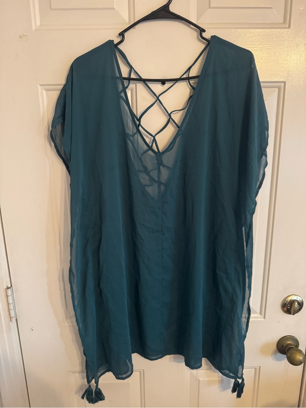 Teal Sheer V-Back Swim Coverup with Tassels